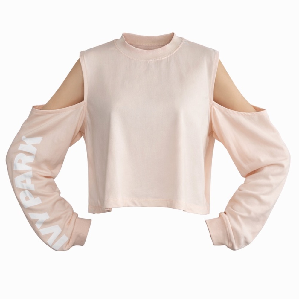 IVY PARK M Pink Cropped Long Sleeve Top Cold Shoulder 100% Cotton Logo Tee NEW